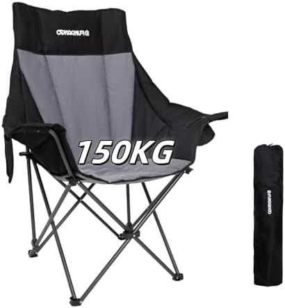 FUNDANGO High Back Folding Camping Chair, Heavy Duty Padded Camping Chairs for Adults, Foldable Camp Chair with Cup Holder and Side Pockets, Support 150 kg/330 lbs, Portable Chair for Outdoor Garden