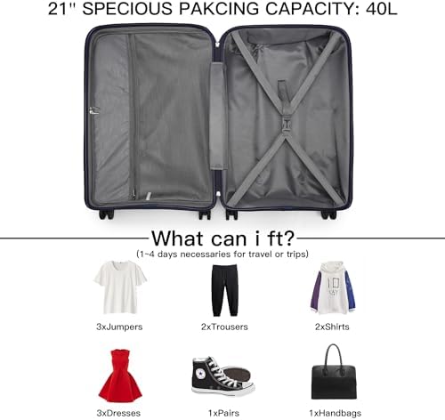 Kono 55x40x21cm Cabin Hand Luggage Hard Shell Travel Trolley 4 Spinner Wheels Lightweight Polypropylene Carry On Suitcase with TSA Lock 40L (Navy) - Image 5