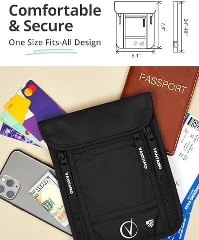 Vantamo Premium Neck Wallet for Traveling, RFID Protected Passport Bag Fits Documents, Cash and Phone, Lightweight & Consealed Travel Wallet and Document Holder for Men & Women with Adjustable Strap - Image 4