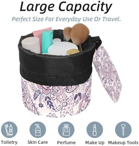 Drawstring Makeup Bag, Barrel Shaped Travel Cosmetic Bag Make up Bags, Foldable Toiletry Organizer Storage Pocket for Women&Girls - Bohemian Florals Leaves - Image 2