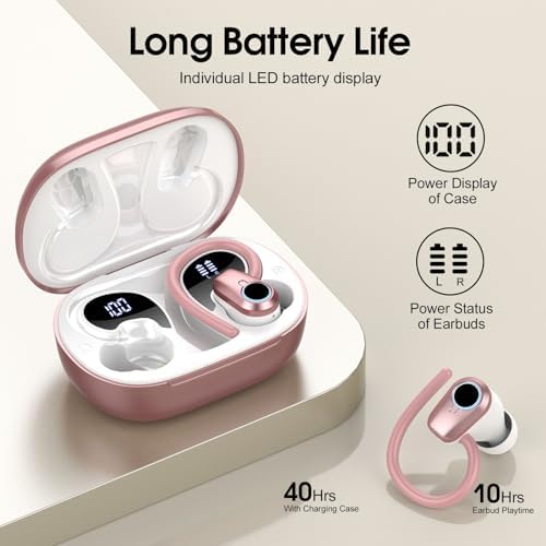 Wireless Earbuds, 2025 Bluetooth 5.4 Headphones Sport with 4 ENC Noise Canceling Mic, 50H Stereo Wireless Earphones with Earhooks, LED USB-C, IP7 Waterproof Bluetooth Earbuds for Gym Running, Rose - Image 3