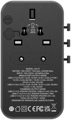 MOMAX Universal Travel Adapter,100W Fast GaN International Power Adapter, 2PD USB-C+2QC USB-A Travel Plug Adapter, US/UK/EU/AU Universal Charger for Laptops, Tablets, Phones Vision Pro 1-World - Image 11