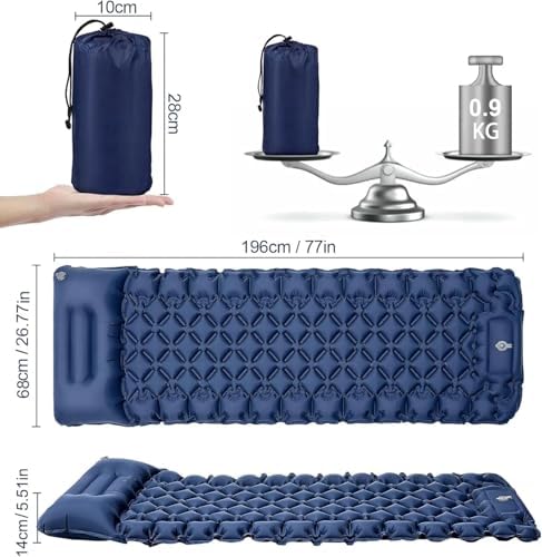 Kiaitre Camping Mat, 9CM Ultralight Inflatable Sleeping Mat with Camping Pillow, Portable Compact Camping Mattress Air Sleeping Pad for Camping, Hiking, Backpacking and Hiking Travel, Blue - Image 2