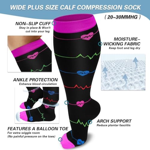 Compression Socks for Women and Men, Wide Calf Compression Socks Knee High Stockings for Flight Travel Running Sport, 3 Pairs - Image 7