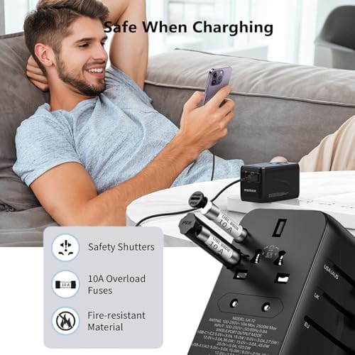 MOMAX Universal Travel Adapter,100W Fast GaN International Power Adapter, 2PD USB-C+2QC USB-A Travel Plug Adapter, US/UK/EU/AU Universal Charger for Laptops, Tablets, Phones Vision Pro 1-World - Image 8