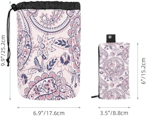 Drawstring Makeup Bag, Barrel Shaped Travel Cosmetic Bag Make up Bags, Foldable Toiletry Organizer Storage Pocket for Women&Girls - Bohemian Florals Leaves - Image 5