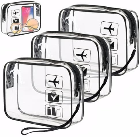 3Pcs Clear Travel Toiletries Bag, TSA Approved Toiletry Bag with Hand Strap, 20 x 20 Clear Plastic Bags for Airport Security, Portable Waterproof Cosmetic Makeup Bags - Travel Accessories