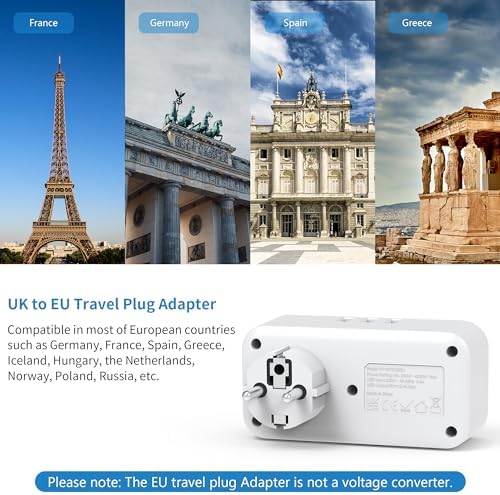 UK to European Plug Adapter with 3 USB, 2 Way Plug Extension with Dual 2 Pin Socket at The Bottom, Travel Adapter Plugs UK to Europe EU, Type E/F Plug Adaptor for Germany France Spain Turkey Greece - Image 3