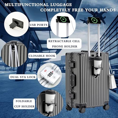 lesulety Hard Shell Suitcase Cabin Size Cheap Cabin Luggage Suitcase Medium 4 Wheels Lightweight with USB Charger Cup Holder zipperless Luggage,Grey,20in - Image 2