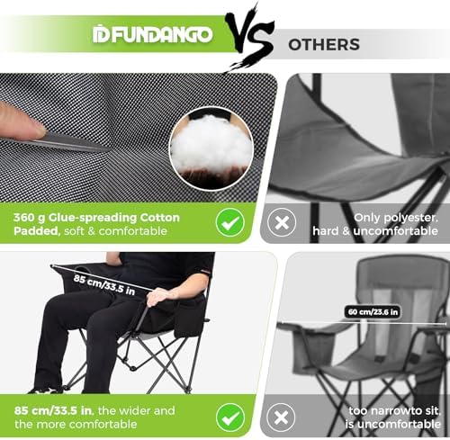 FUNDANGO High Back Folding Camping Chair, Heavy Duty Padded Camping Chairs for Adults, Foldable Camp Chair with Cup Holder and Side Pockets, Support 150 kg/330 lbs, Portable Chair for Outdoor Garden - Image 5