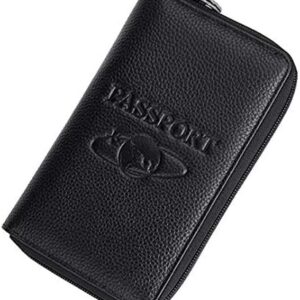 QAZSE Genuine Leather Travel Passport Wallet RFID Blocking Zip-Around Passport Holder, Black, Rfid Wallet