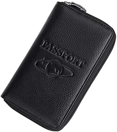 QAZSE Genuine Leather Travel Passport Wallet RFID Blocking Zip-Around Passport Holder, Black, Rfid Wallet