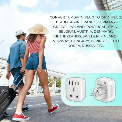 Double Dragon 20W Fast Charging 5-in-1 UK to EU Travel Adapter | 2 USB-A & 2 USB-C Ports | Converts UK 3 PIN Plug to European 2 PIN Plug in Spain, France, Portugal, Germany, Greece, Italy, Sweden, etc - Image 7