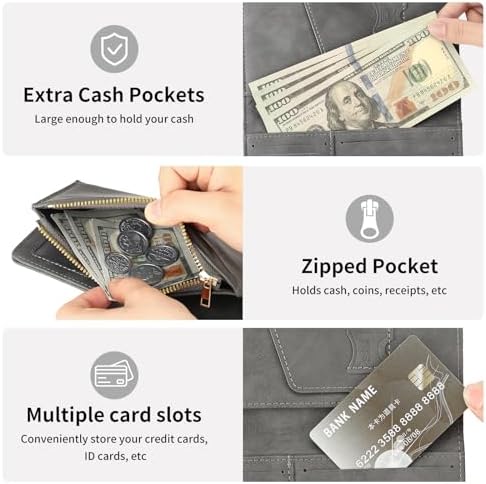 RNIEGA Passport Holder for Travel Rfid Passport Wallet for Women Men with Zipper Pocket Pen Sim Card Holders Slim Travel Accessories, Grey - Image 3