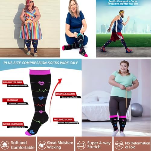Compression Socks for Women and Men, Wide Calf Compression Socks Knee High Stockings for Flight Travel Running Sport, 3 Pairs - Image 8