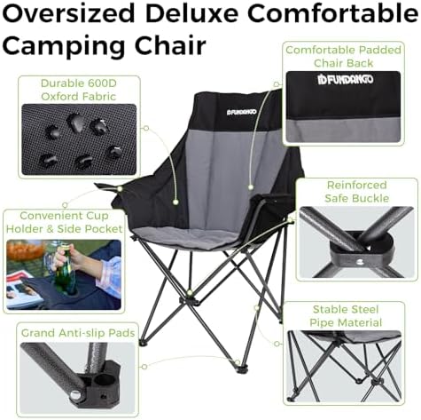 FUNDANGO High Back Folding Camping Chair, Heavy Duty Padded Camping Chairs for Adults, Foldable Camp Chair with Cup Holder and Side Pockets, Support 150 kg/330 lbs, Portable Chair for Outdoor Garden - Image 6