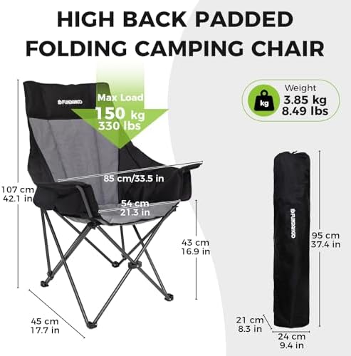FUNDANGO High Back Folding Camping Chair, Heavy Duty Padded Camping Chairs for Adults, Foldable Camp Chair with Cup Holder and Side Pockets, Support 150 kg/330 lbs, Portable Chair for Outdoor Garden - Image 3