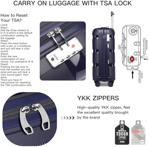 Kono 55x40x21cm Cabin Hand Luggage Hard Shell Travel Trolley 4 Spinner Wheels Lightweight Polypropylene Carry On Suitcase with TSA Lock 40L (Navy) - Image 3