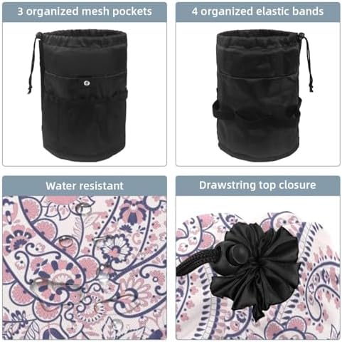 Drawstring Makeup Bag, Barrel Shaped Travel Cosmetic Bag Make up Bags, Foldable Toiletry Organizer Storage Pocket for Women&Girls - Bohemian Florals Leaves - Image 3
