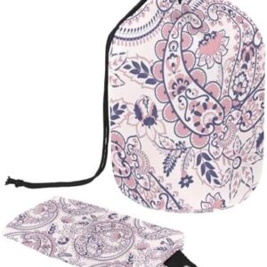 Drawstring Makeup Bag, Barrel Shaped Travel Cosmetic Bag Make up Bags, Foldable Toiletry Organizer Storage Pocket for Women&Girls - Bohemian Florals Leaves