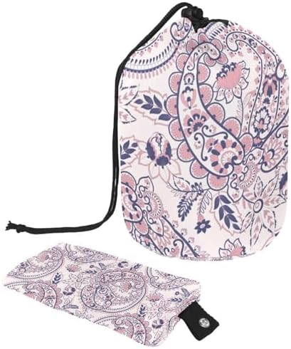 Drawstring Makeup Bag, Barrel Shaped Travel Cosmetic Bag Make up Bags, Foldable Toiletry Organizer Storage Pocket for Women&Girls - Bohemian Florals Leaves